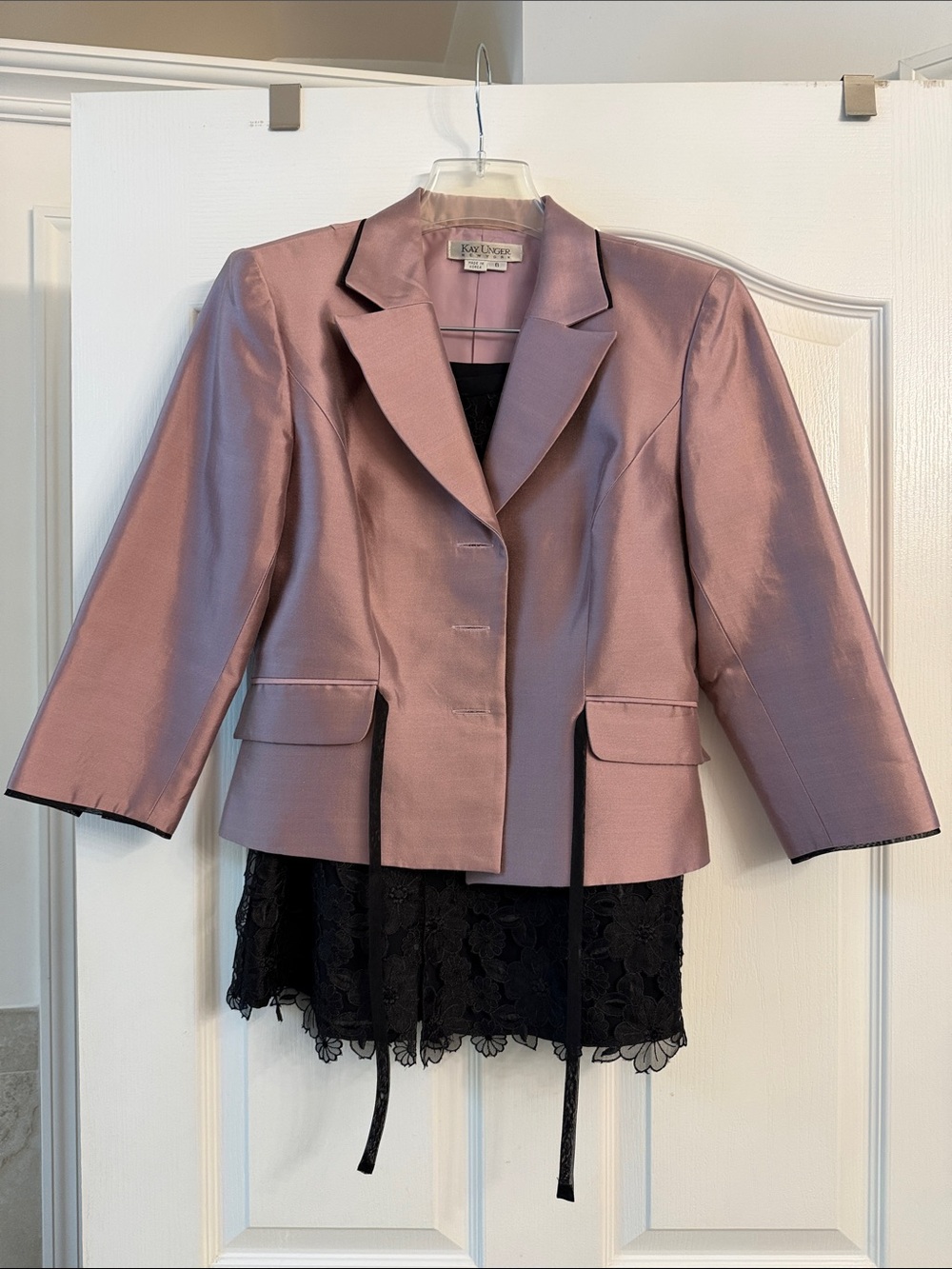 Kasper Rose Satin Cropped Blazer with Black Trim